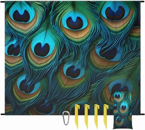 Beach Blanket, Peacock Feathers Sandproof Beach Mat, Waterproof Quick Drying Sand Free Mat with 4 x Ground Spikes for Outdoor Travel Camping Hiking, Beautiful Feathers 68 x 59 in
