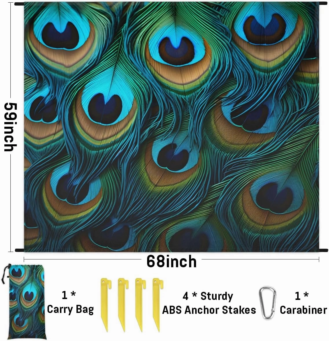 Beach Blanket, Peacock Feathers Sandproof Beach Mat, Waterproof Quick Drying Sand Free Mat with 4 x Ground Spikes for Outdoor Travel Camping Hiking, Beautiful Feathers 68 x 59 in