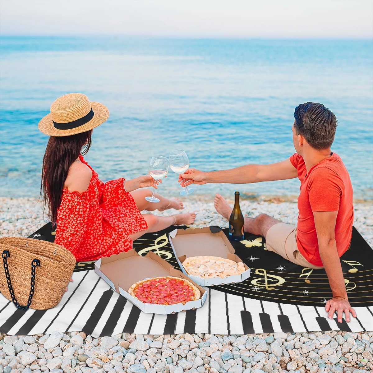 Beach Blanket, Piano Keys Sandproof Beach Mat, Waterproof Quick Drying Sand Free Mat with 4 x Ground Spikes for Outdoor Travel Camping Hiking, Music Notes 68 x 59 in