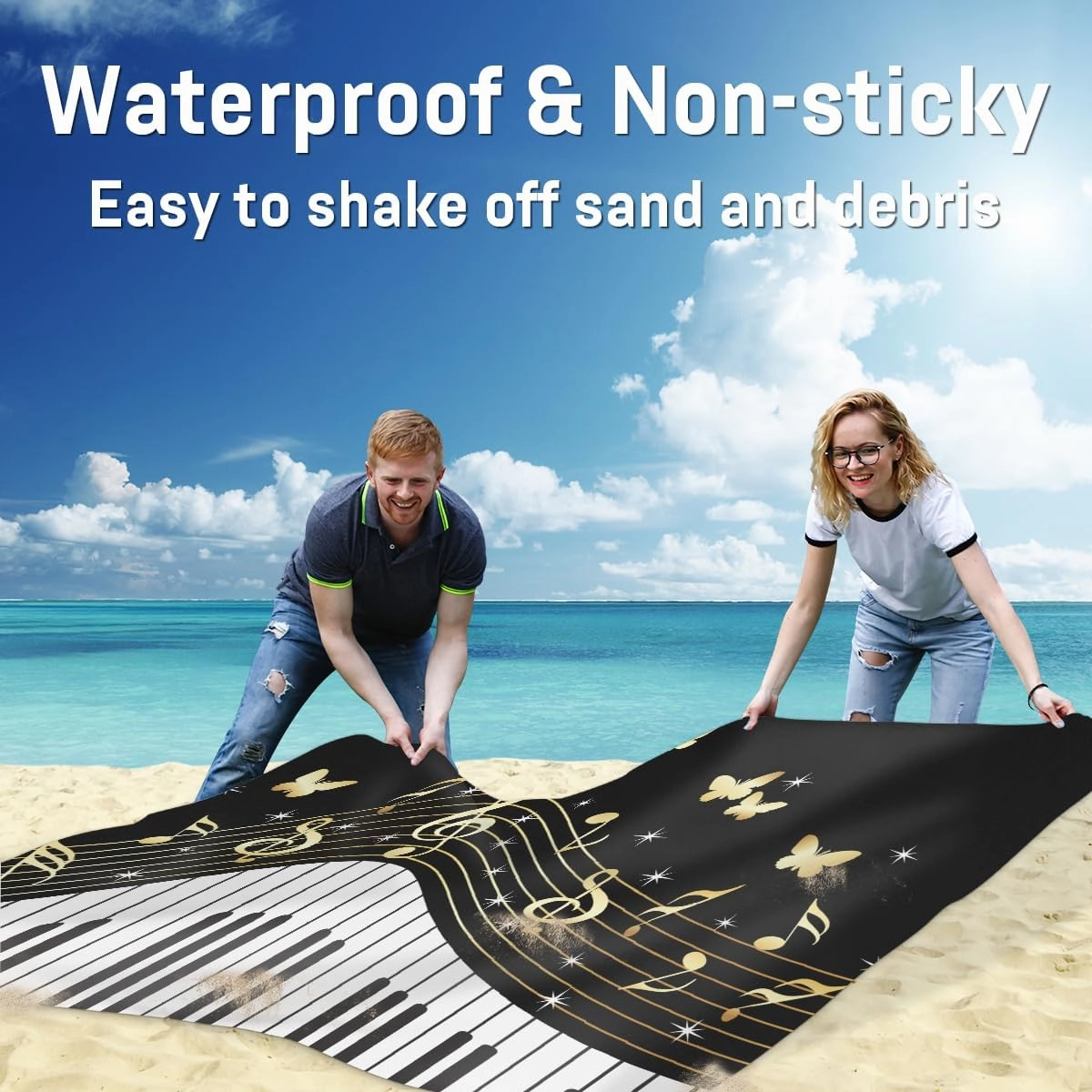 Beach Blanket, Piano Keys Sandproof Beach Mat, Waterproof Quick Drying Sand Free Mat with 4 x Ground Spikes for Outdoor Travel Camping Hiking, Music Notes 68 x 59 in