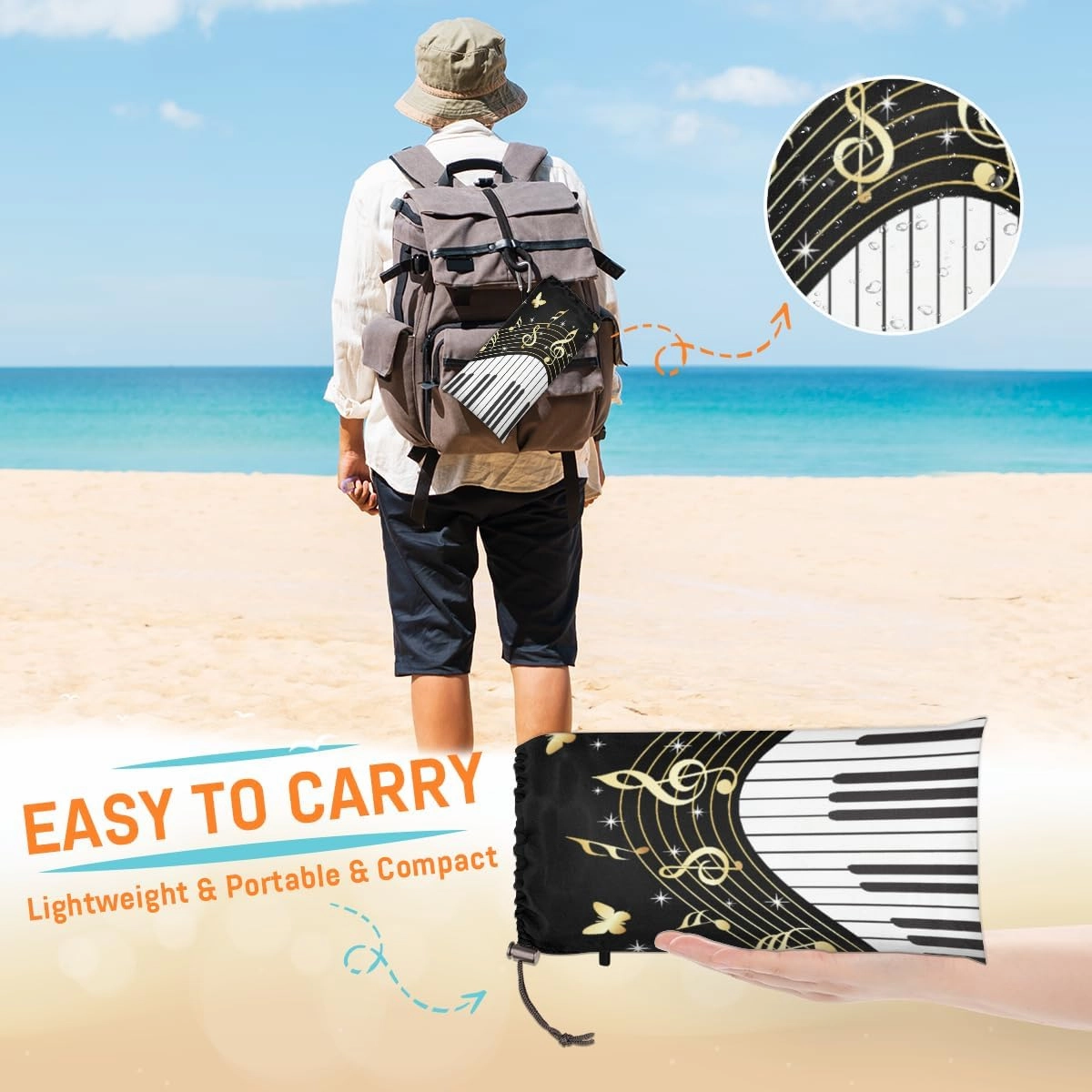 Beach Blanket, Piano Keys Sandproof Beach Mat, Waterproof Quick Drying Sand Free Mat with 4 x Ground Spikes for Outdoor Travel Camping Hiking, Music Notes 68 x 59 in