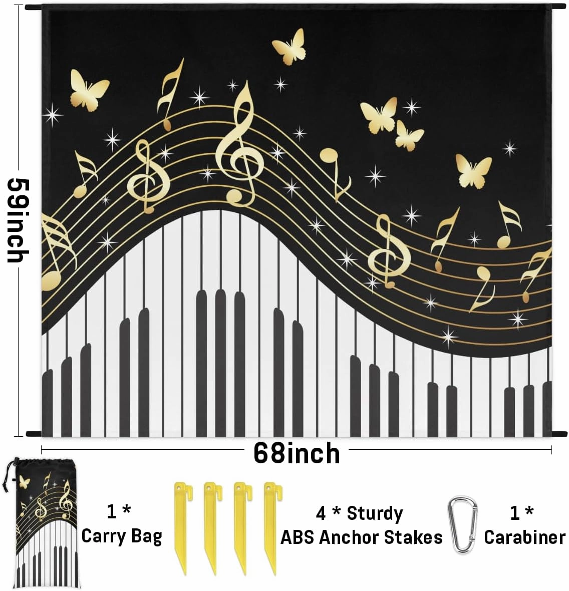 Beach Blanket, Piano Keys Sandproof Beach Mat, Waterproof Quick Drying Sand Free Mat with 4 x Ground Spikes for Outdoor Travel Camping Hiking, Music Notes 68 x 59 in