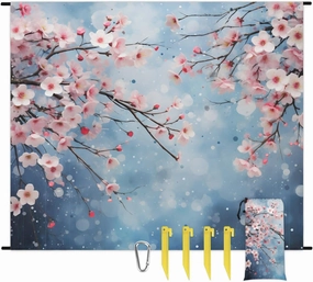 Beach Blanket, Red Cherry Blossoms Sandproof Beach Mat, Waterproof Quick Drying Sand Free Mat with 4 x Ground Spikes for Outdoor Travel Camping Hiking, Rustic Plum Flower Abstract 68 x 59 in