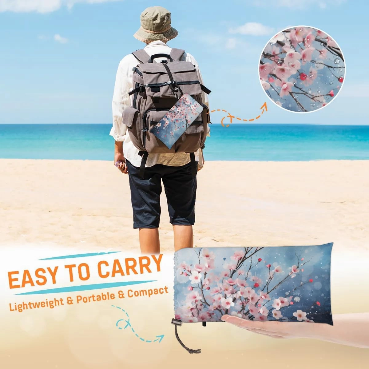 Beach Blanket, Red Cherry Blossoms Sandproof Beach Mat, Waterproof Quick Drying Sand Free Mat with 4 x Ground Spikes for Outdoor Travel Camping Hiking, Rustic Plum Flower Abstract 68 x 59 in