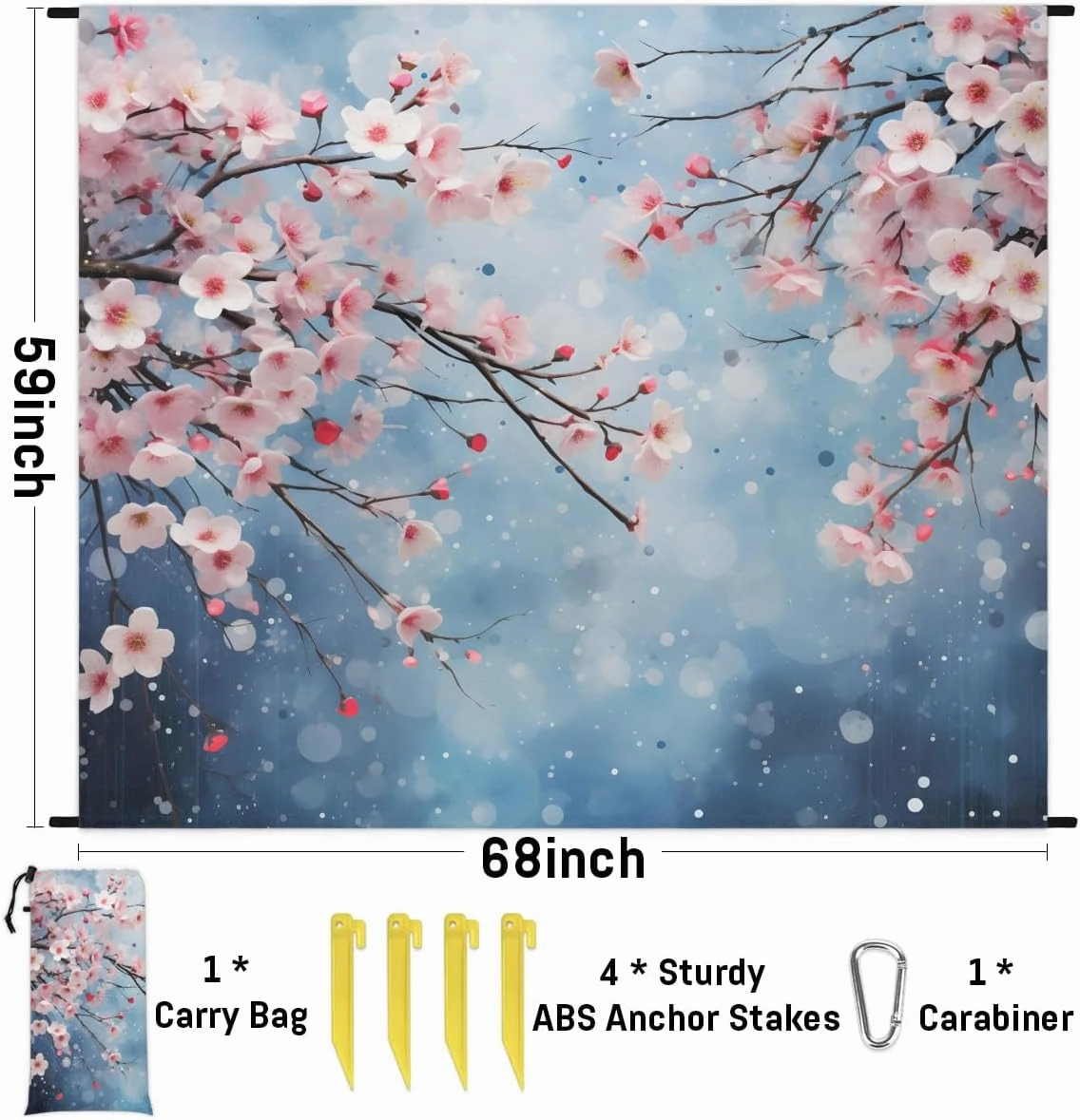 Beach Blanket, Red Cherry Blossoms Sandproof Beach Mat, Waterproof Quick Drying Sand Free Mat with 4 x Ground Spikes for Outdoor Travel Camping Hiking, Rustic Plum Flower Abstract 68 x 59 in