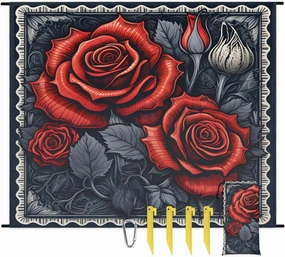 Beach Blanket, Red Rose Flowers Sandproof Beach Mat, Waterproof Quick Drying Sand Free Mat with 4 x Ground Spikes for Outdoor Travel Camping Hiking, Vintage Floral 68 x 59 in