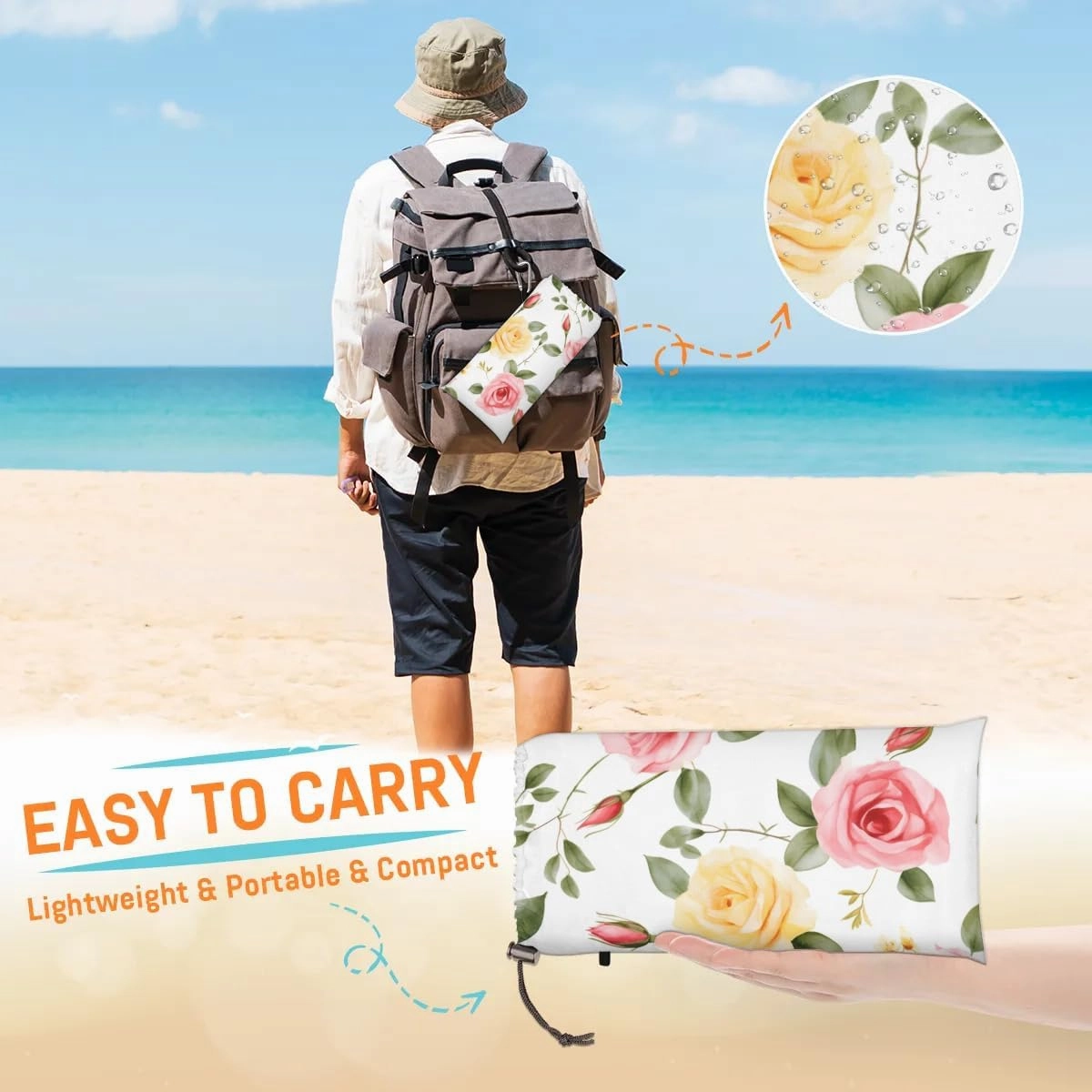 Beach Blanket, Red Rose Sandproof Beach Mat, Waterproof Quick Drying Sand Free Mat with 4 x Ground Spikes for Outdoor Travel Camping Hiking, Summer Floral 68 x 59 in
