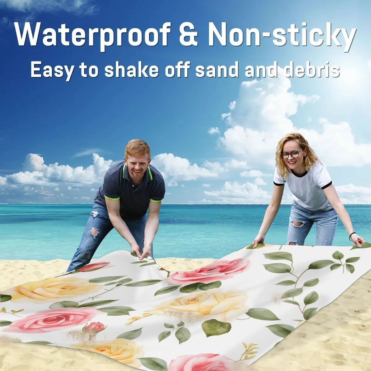 Beach Blanket, Red Rose Sandproof Beach Mat, Waterproof Quick Drying Sand Free Mat with 4 x Ground Spikes for Outdoor Travel Camping Hiking, Summer Floral 68 x 59 in