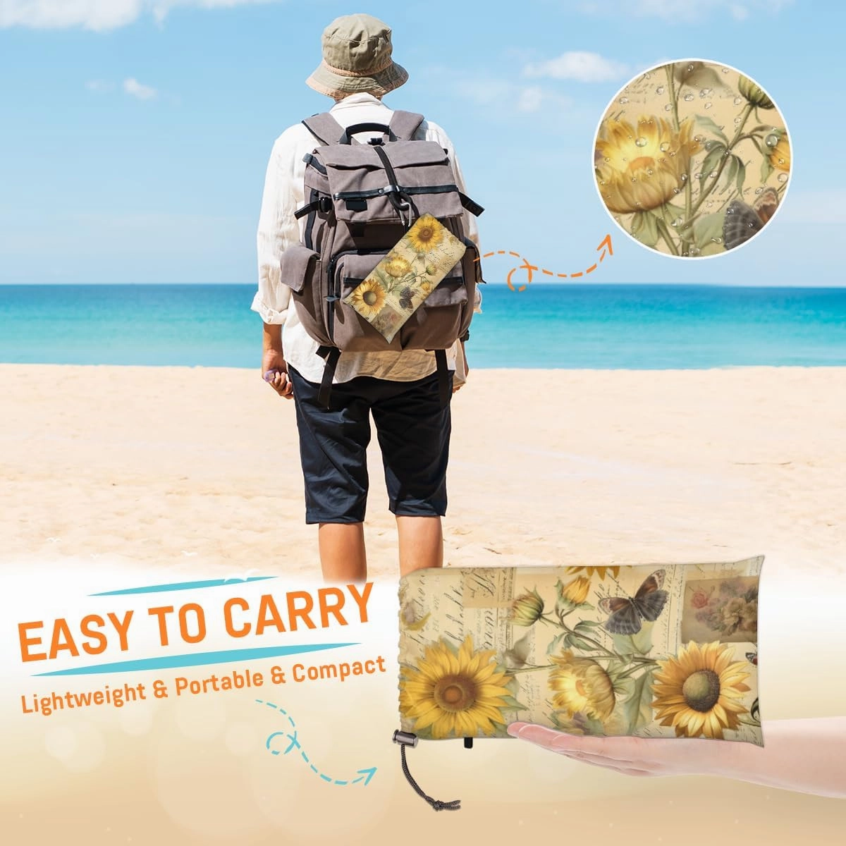Beach Blanket, Retro Sunflower Sandproof Beach Mat, Waterproof Quick Drying Sand Free Mat with 4 x Ground Spikes for Outdoor Travel Camping Hiking, Sunflowers 68 x 59 in