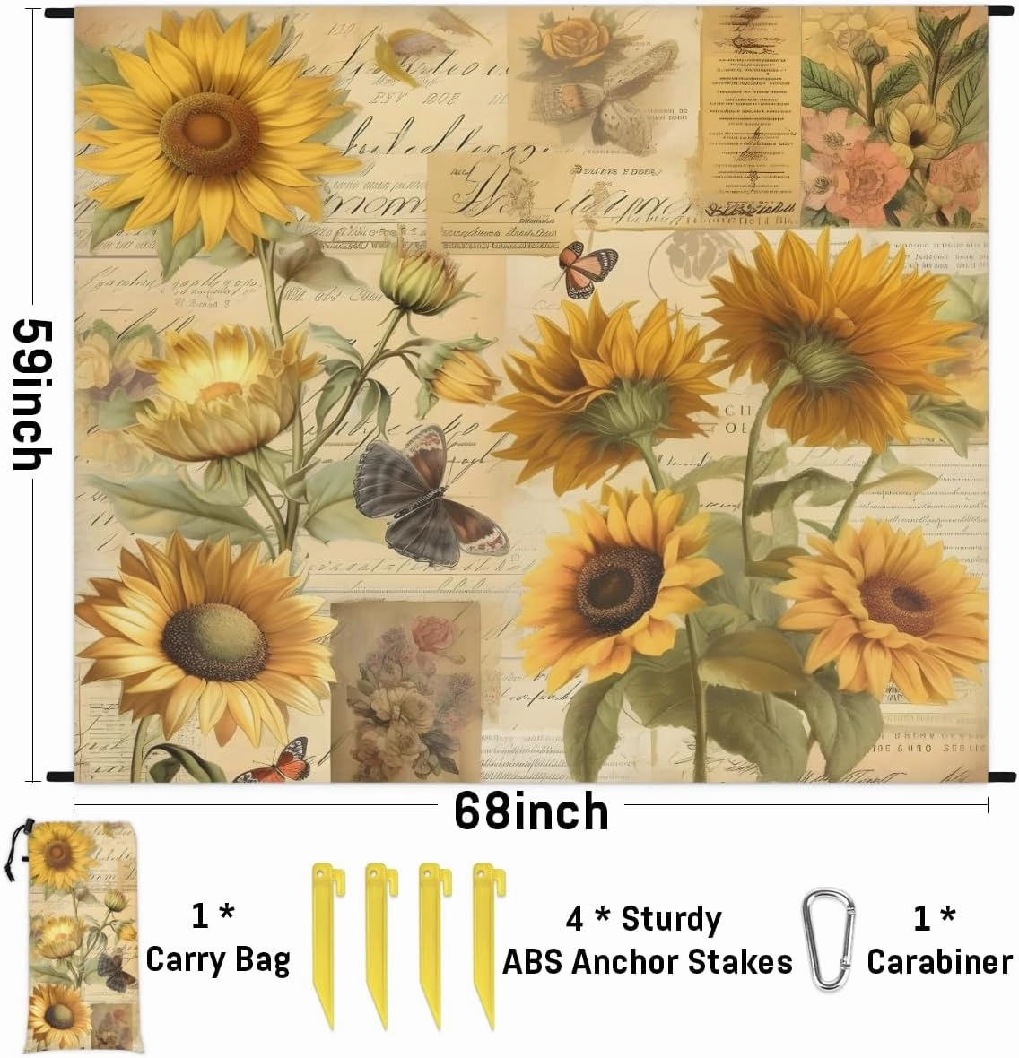 Beach Blanket, Retro Sunflower Sandproof Beach Mat, Waterproof Quick Drying Sand Free Mat with 4 x Ground Spikes for Outdoor Travel Camping Hiking, Sunflowers 68 x 59 in