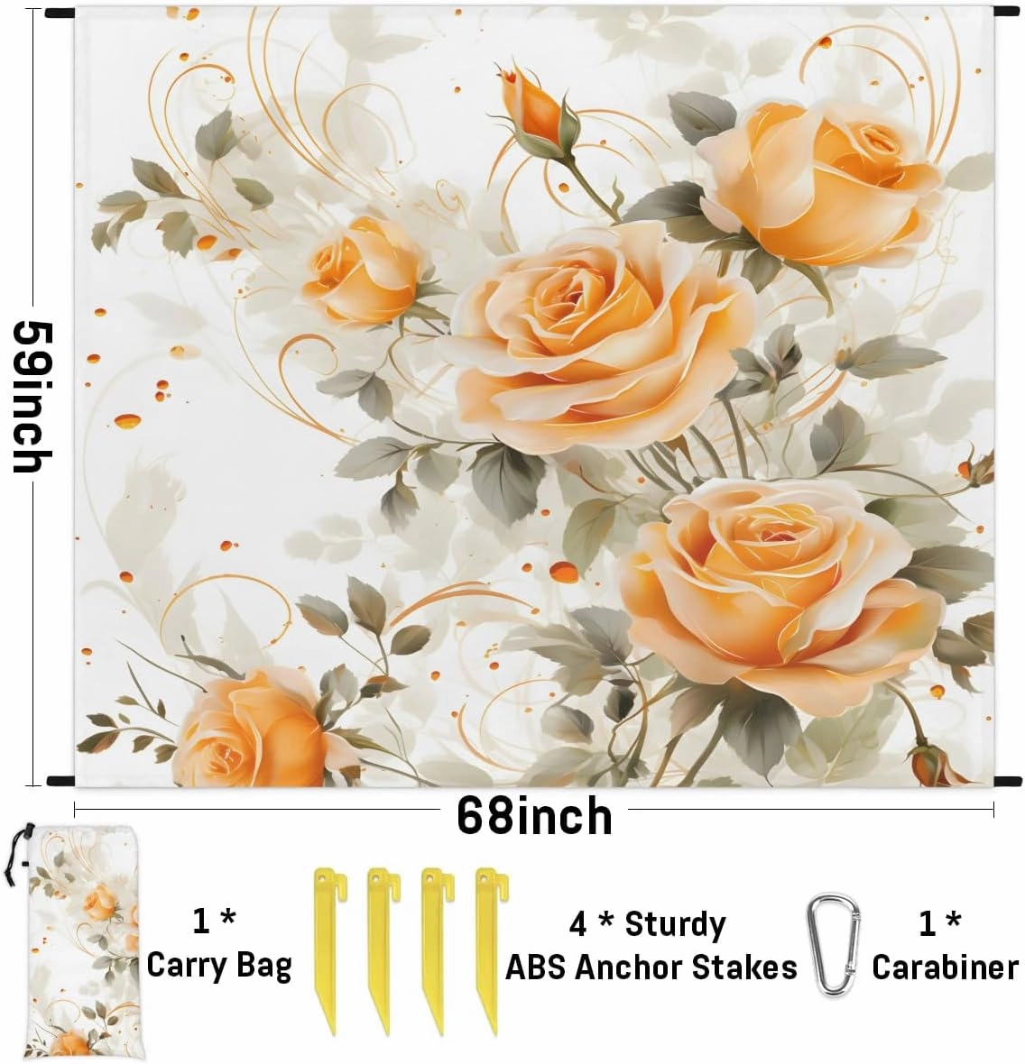 Beach Blanket, Roses Flower Sandproof Beach Mat, Waterproof Quick Drying Sand Free Mat with 4 x Ground Spikes for Outdoor Travel Camping Hiking, Watercolor Flower 68 x 59 in