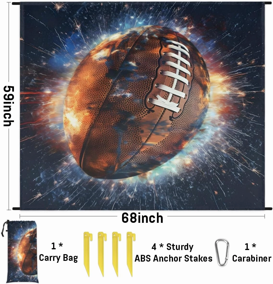 Beach Blanket, Rugby Football Sandproof Beach Mat, Waterproof Quick Drying Sand Free Mat with 4 x Ground Spikes for Outdoor Travel Camping Hiking, Sport Theme 68 x 59 in