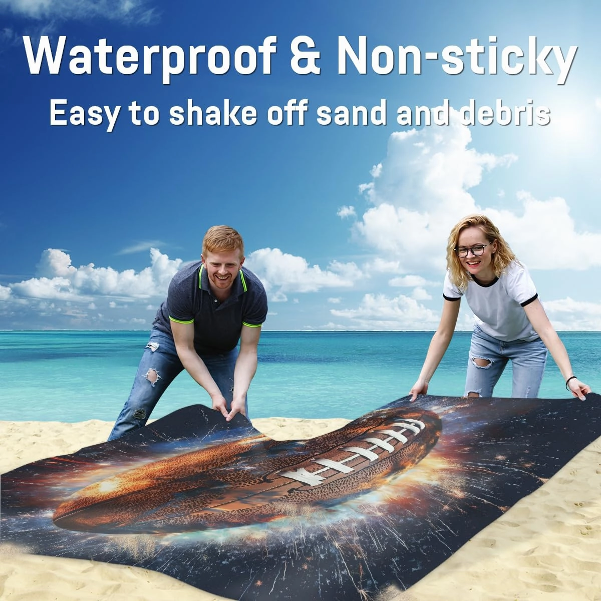 Beach Blanket, Rugby Football Sandproof Beach Mat, Waterproof Quick Drying Sand Free Mat with 4 x Ground Spikes for Outdoor Travel Camping Hiking, Sport Theme 68 x 59 in