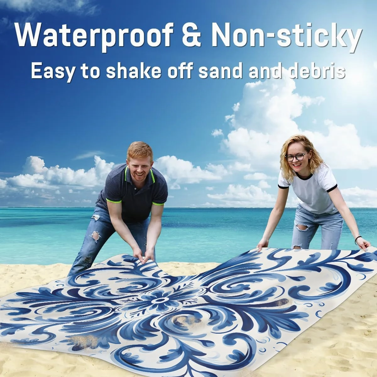 Beach Blanket, Southwestern Sandproof Beach Mat, Waterproof Quick Drying Sand Free Mat with 4 x Ground Spikes for Outdoor Travel Camping Hiking, Bohemian Floral 68 x 59 in