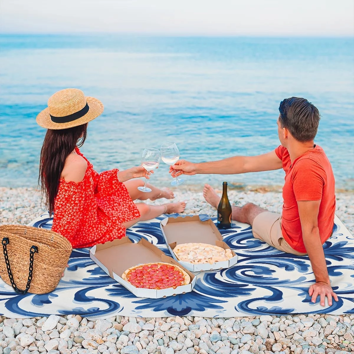 Beach Blanket, Southwestern Sandproof Beach Mat, Waterproof Quick Drying Sand Free Mat with 4 x Ground Spikes for Outdoor Travel Camping Hiking, Bohemian Floral 68 x 59 in