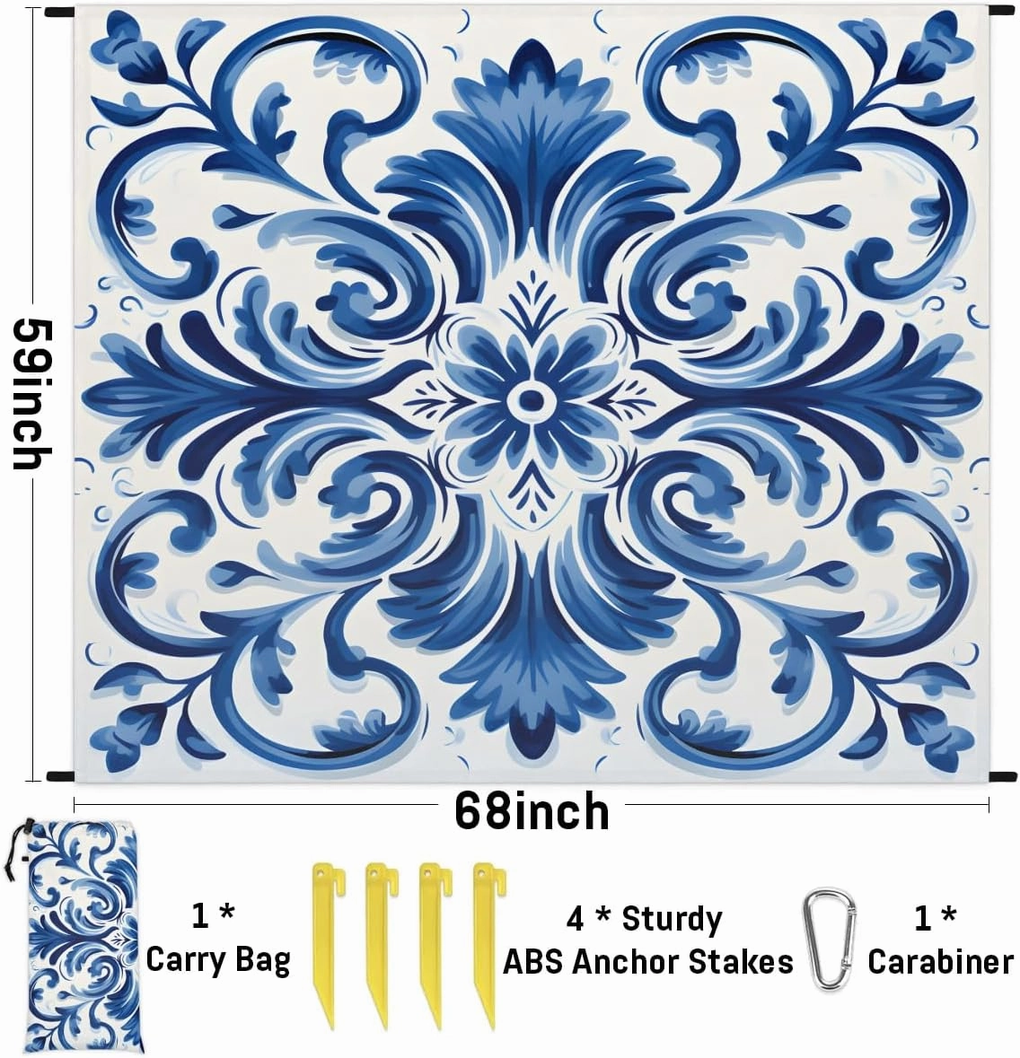 Beach Blanket, Southwestern Sandproof Beach Mat, Waterproof Quick Drying Sand Free Mat with 4 x Ground Spikes for Outdoor Travel Camping Hiking, Bohemian Floral 68 x 59 in