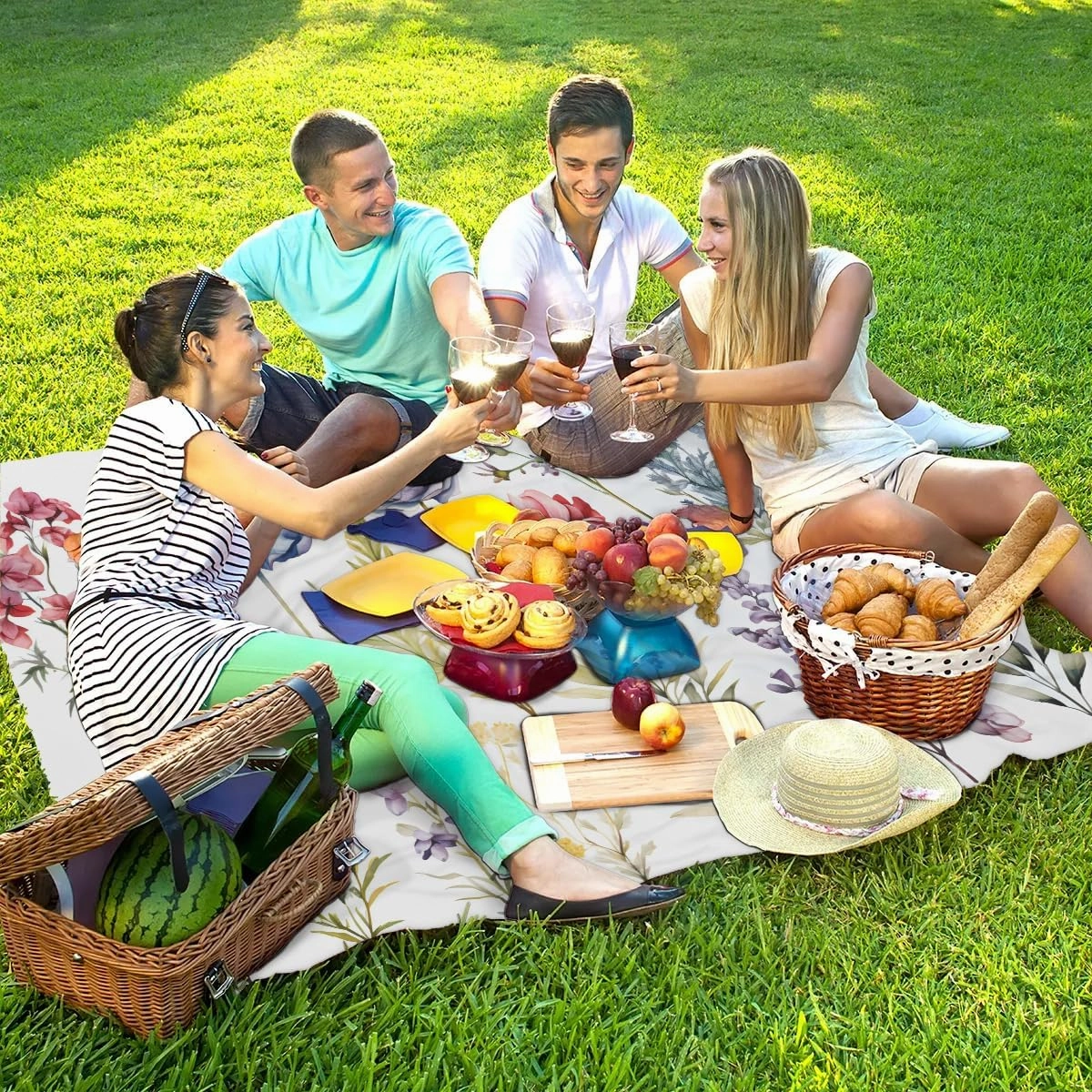 Beach Blanket, Spring Floral Sandproof Beach Mat, Waterproof Quick Drying Sand Free Mat with 4 x Ground Spikes for Outdoor Travel Camping Hiking, Watercolor Wild Flowers 68 x 59 in