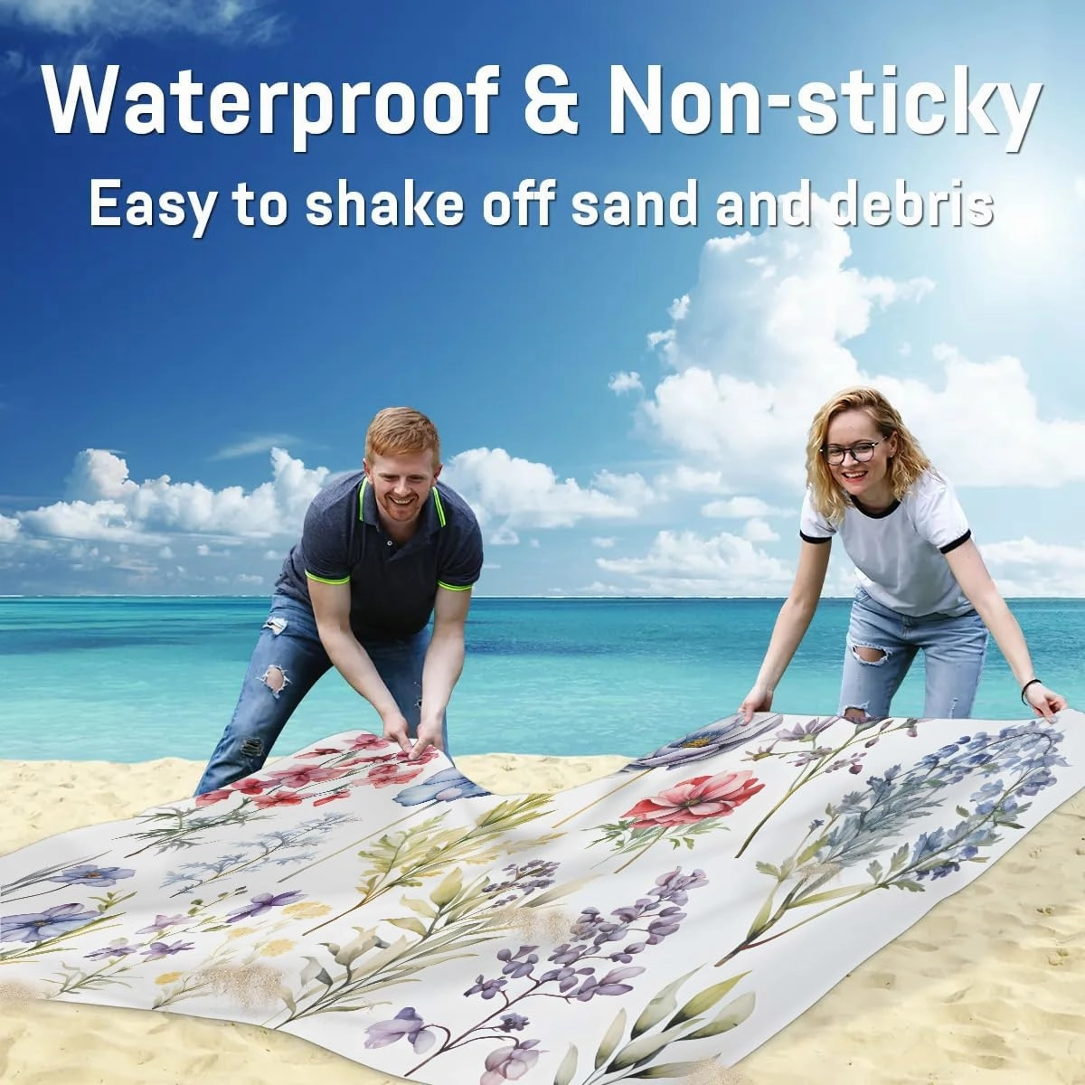 Beach Blanket, Spring Floral Sandproof Beach Mat, Waterproof Quick Drying Sand Free Mat with 4 x Ground Spikes for Outdoor Travel Camping Hiking, Watercolor Wild Flowers 68 x 59 in