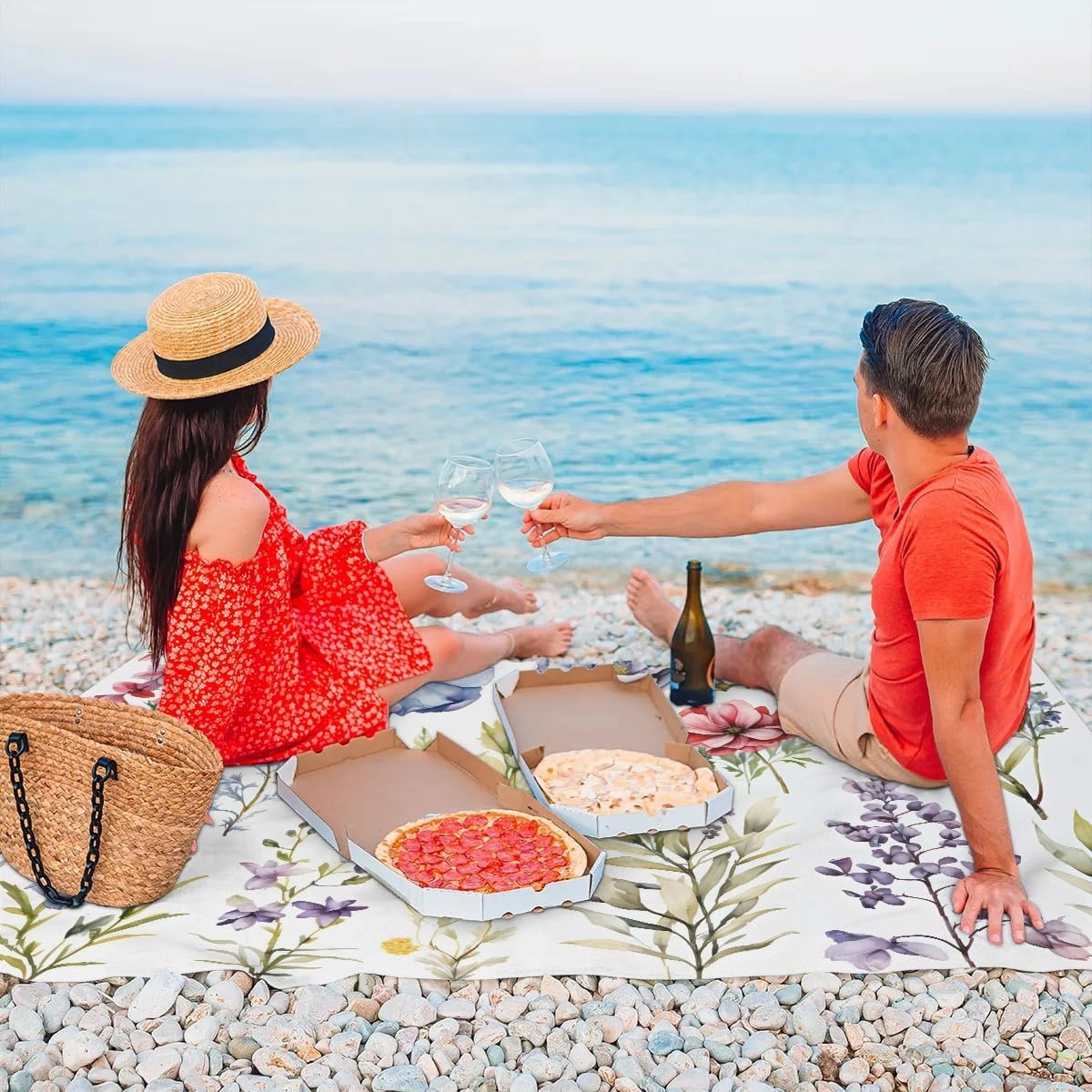 Beach Blanket, Spring Floral Sandproof Beach Mat, Waterproof Quick Drying Sand Free Mat with 4 x Ground Spikes for Outdoor Travel Camping Hiking, Watercolor Wild Flowers 68 x 59 in