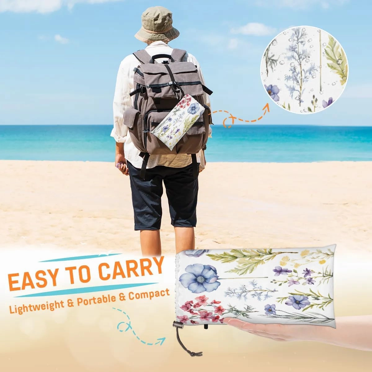 Beach Blanket, Spring Floral Sandproof Beach Mat, Waterproof Quick Drying Sand Free Mat with 4 x Ground Spikes for Outdoor Travel Camping Hiking, Watercolor Wild Flowers 68 x 59 in