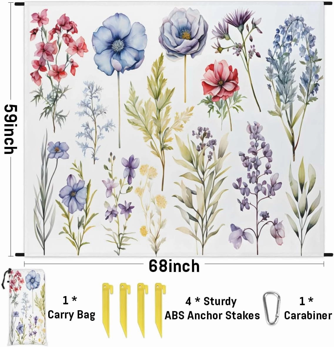 Beach Blanket, Spring Floral Sandproof Beach Mat, Waterproof Quick Drying Sand Free Mat with 4 x Ground Spikes for Outdoor Travel Camping Hiking, Watercolor Wild Flowers 68 x 59 in