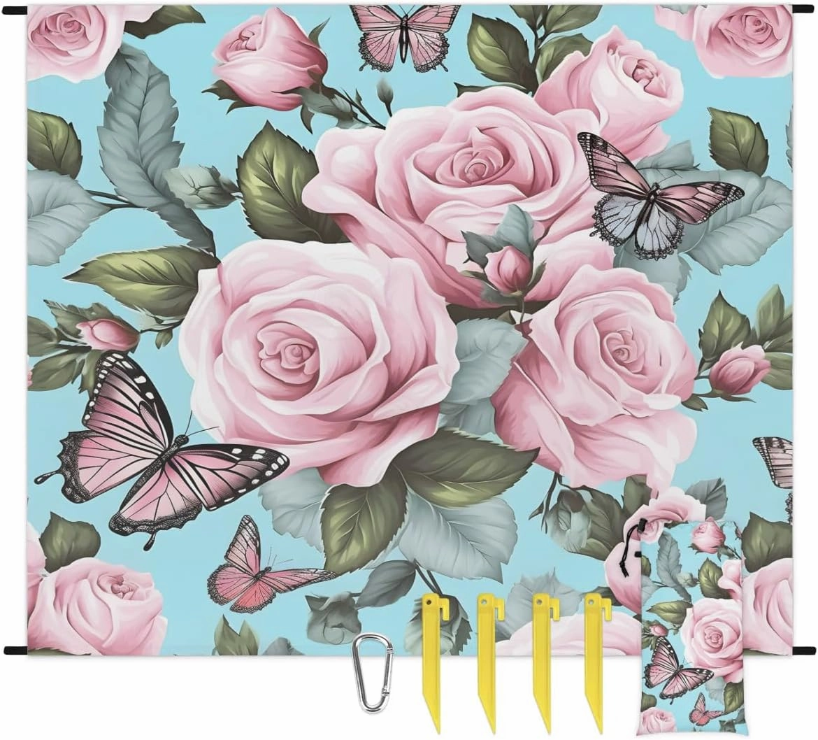 Beach Blanket, Spring Summer Butterfly Sandproof Beach Mat, Waterproof Quick Drying Sand Free Mat with 4 x Ground Spikes for Outdoor Travel Camping Hiking, Rose Flower Butterfly 68 x 59 in