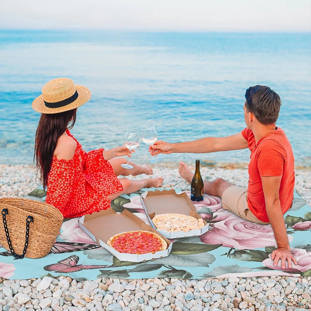Beach Blanket, Spring Summer Butterfly Sandproof Beach Mat, Waterproof Quick Drying Sand Free Mat with 4 x Ground Spikes for Outdoor Travel Camping Hiking, Rose Flower Butterfly 68 x 59 in