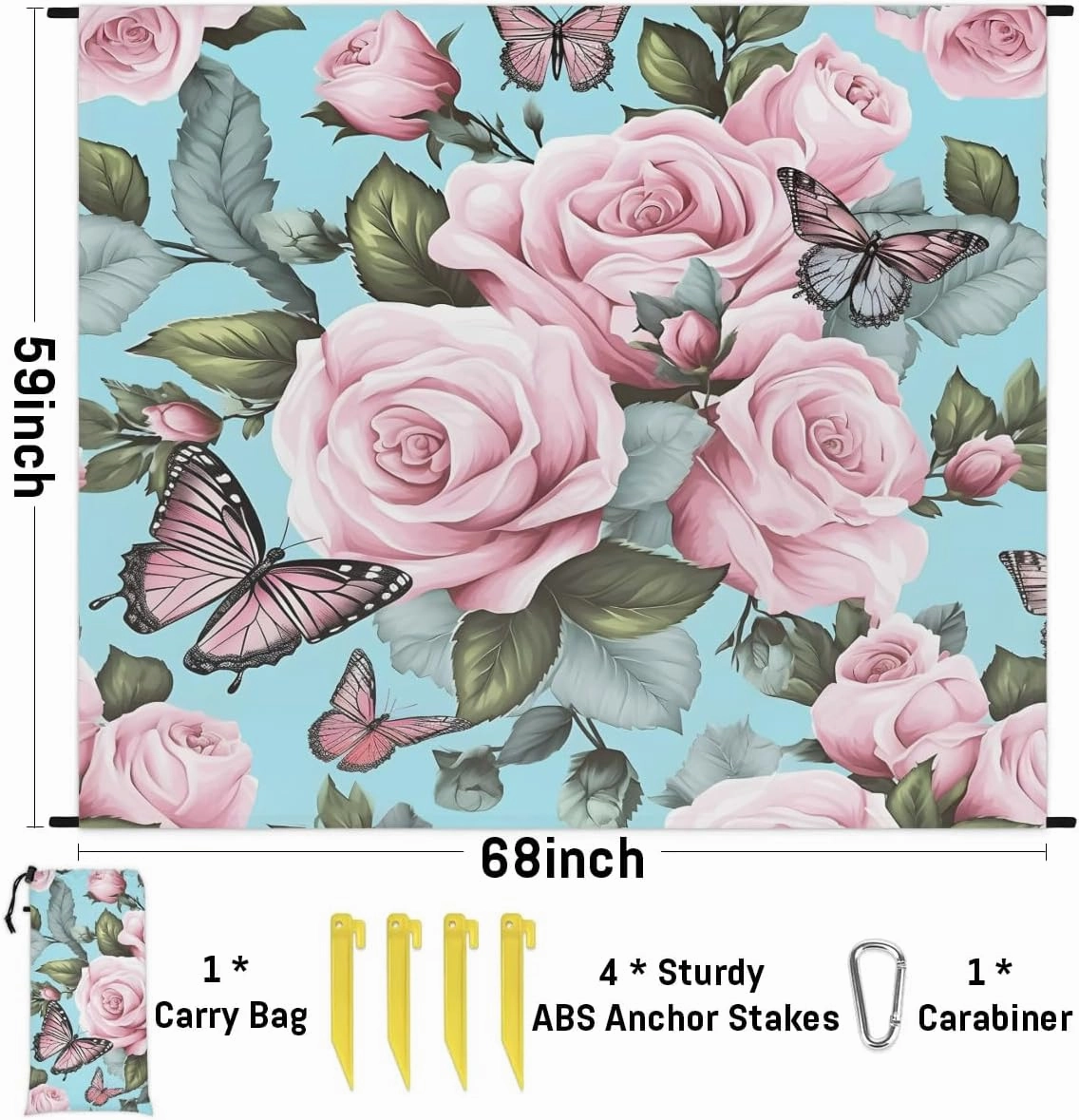 Beach Blanket, Spring Summer Butterfly Sandproof Beach Mat, Waterproof Quick Drying Sand Free Mat with 4 x Ground Spikes for Outdoor Travel Camping Hiking, Rose Flower Butterfly 68 x 59 in