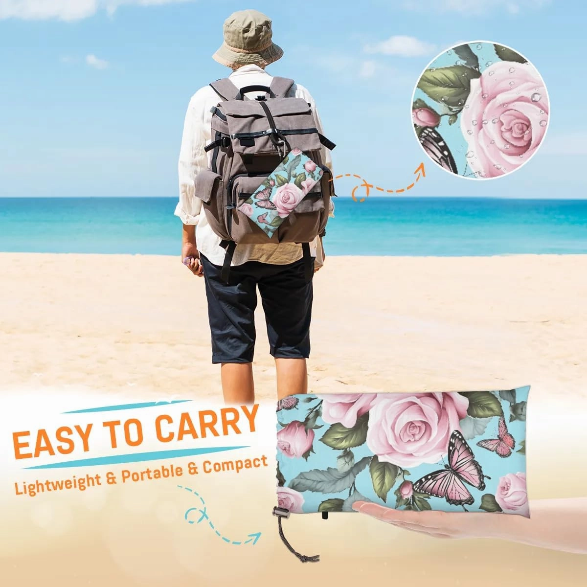 Beach Blanket, Spring Summer Butterfly Sandproof Beach Mat, Waterproof Quick Drying Sand Free Mat with 4 x Ground Spikes for Outdoor Travel Camping Hiking, Rose Flower Butterfly 68 x 59 in