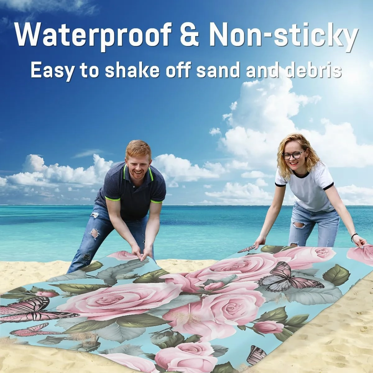 Beach Blanket, Spring Summer Butterfly Sandproof Beach Mat, Waterproof Quick Drying Sand Free Mat with 4 x Ground Spikes for Outdoor Travel Camping Hiking, Rose Flower Butterfly 68 x 59 in