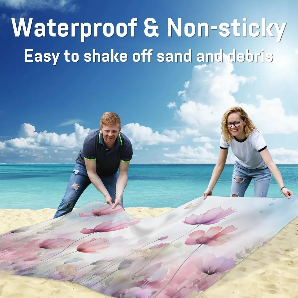 Beach Blanket, Spring Summer Floral Sandproof Beach Mat, Waterproof Quick Drying Sand Free Mat with 4 x Ground Spikes for Outdoor Travel Camping Hiking, Wildflower 68 x 59 in
