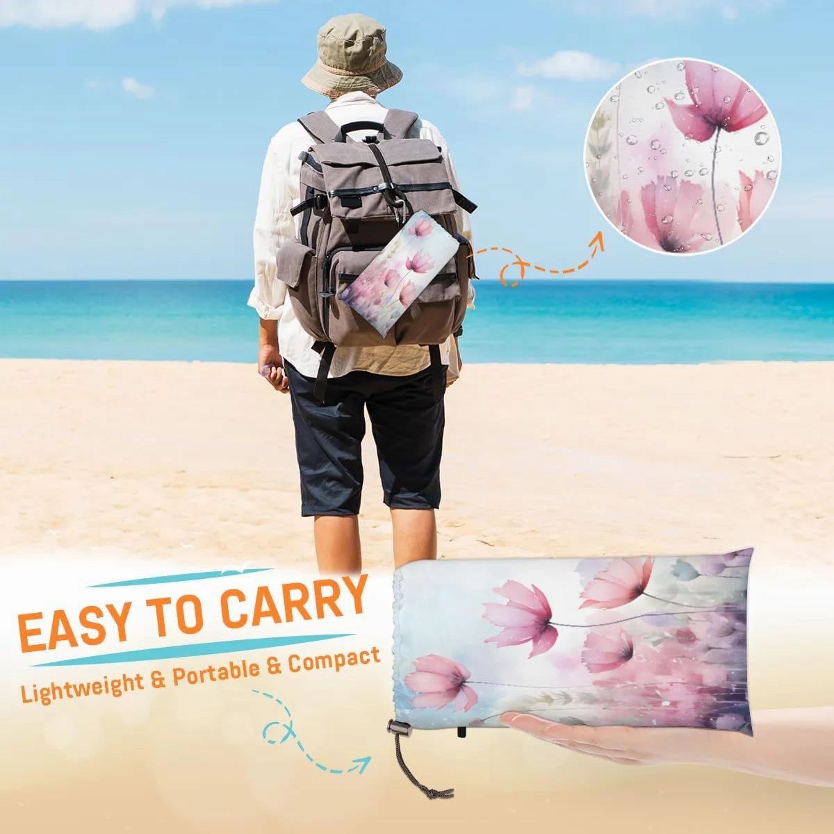 Beach Blanket, Spring Summer Floral Sandproof Beach Mat, Waterproof Quick Drying Sand Free Mat with 4 x Ground Spikes for Outdoor Travel Camping Hiking, Wildflower 68 x 59 in