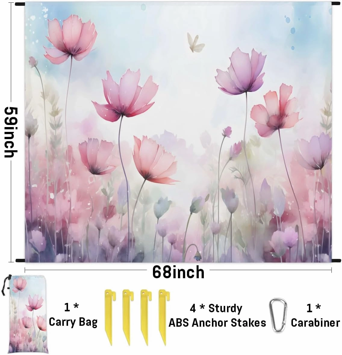 Beach Blanket, Spring Summer Floral Sandproof Beach Mat, Waterproof Quick Drying Sand Free Mat with 4 x Ground Spikes for Outdoor Travel Camping Hiking, Wildflower 68 x 59 in