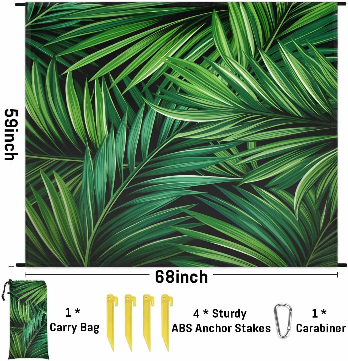Beach Blanket, Summer Tropical Sandproof Beach Mat, Waterproof Quick Drying Sand Free Mat with 4 x Ground Spikes for Outdoor Travel Camping Hiking, Palm Leaves 68 x 59 in