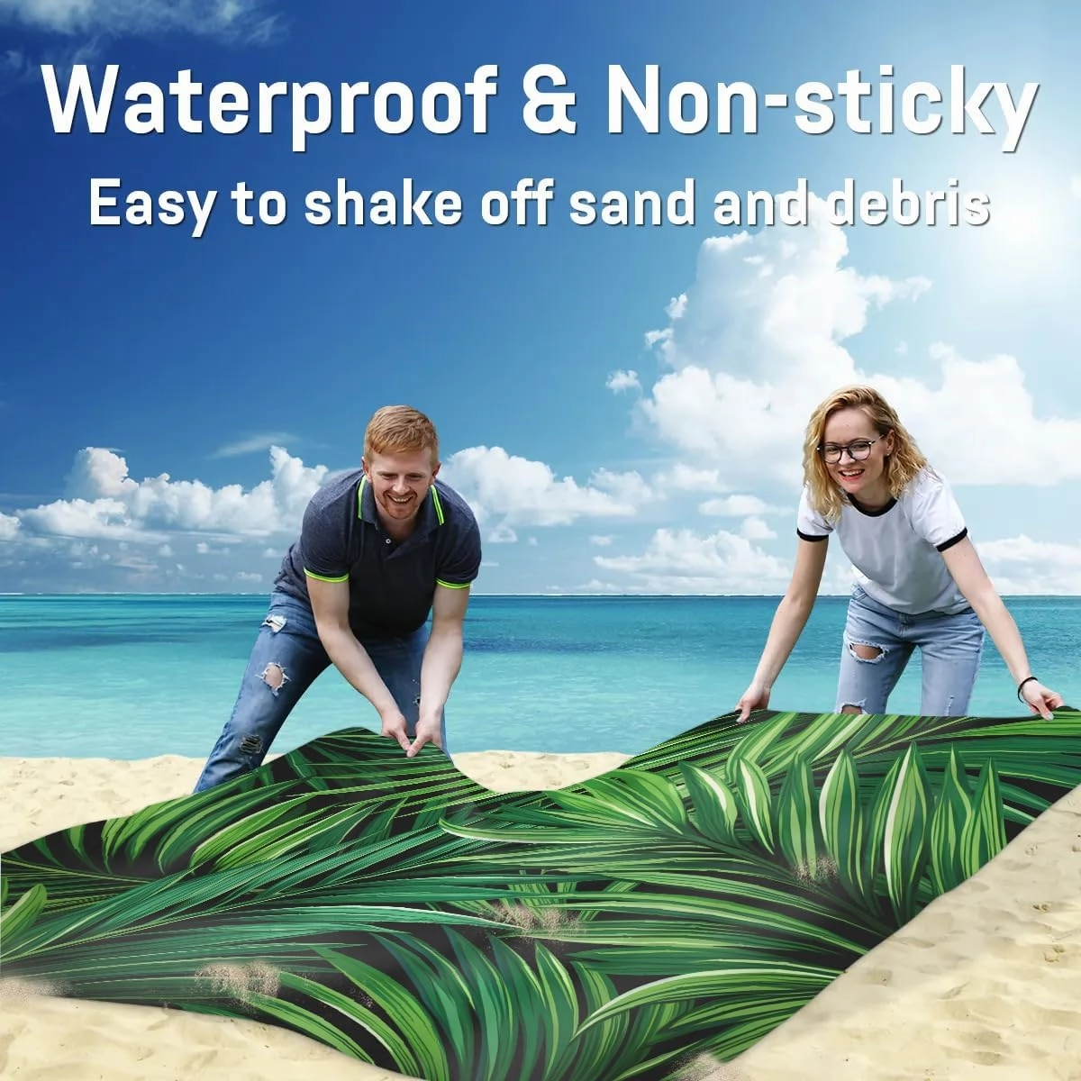 Beach Blanket, Summer Tropical Sandproof Beach Mat, Waterproof Quick Drying Sand Free Mat with 4 x Ground Spikes for Outdoor Travel Camping Hiking, Palm Leaves 68 x 59 in