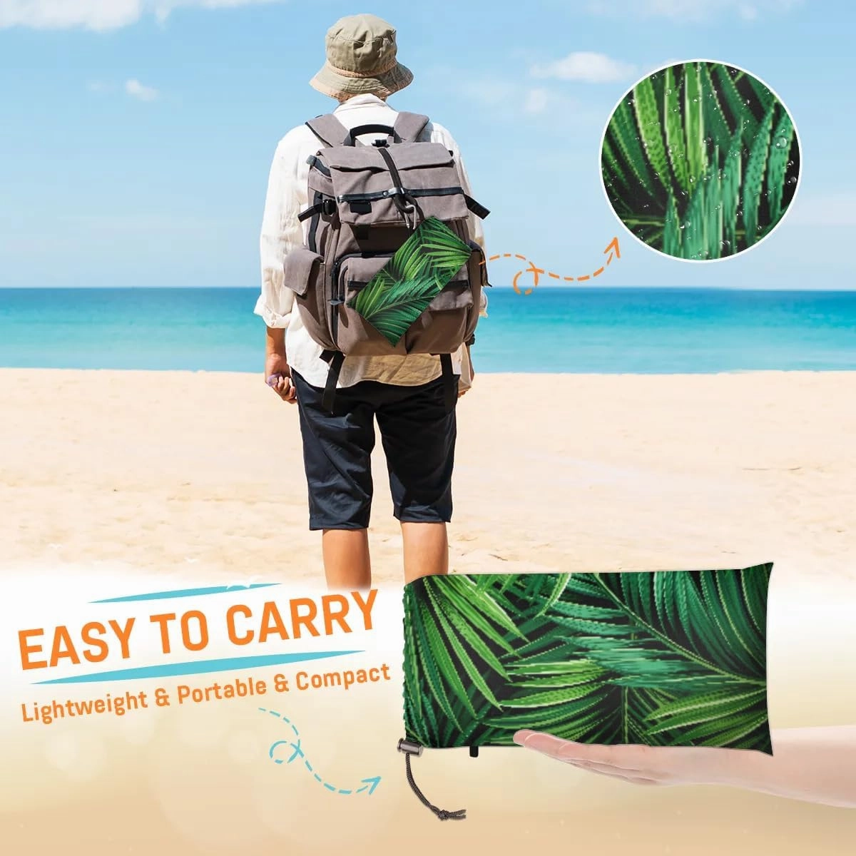 Beach Blanket, Summer Tropical Sandproof Beach Mat, Waterproof Quick Drying Sand Free Mat with 4 x Ground Spikes for Outdoor Travel Camping Hiking, Palm Leaves 68 x 59 in