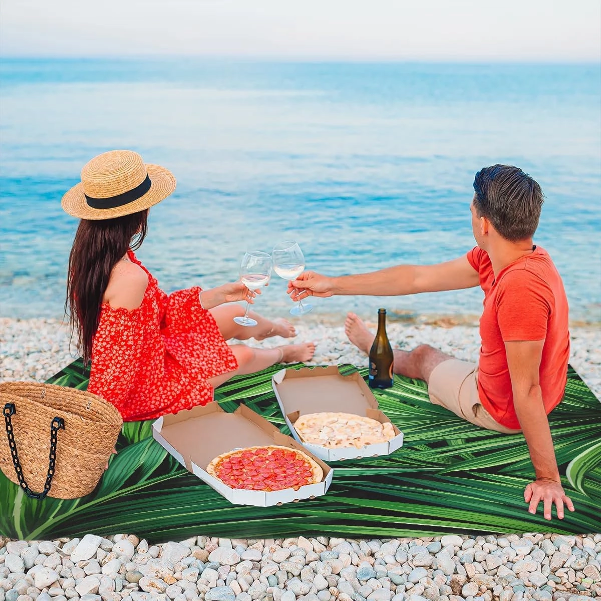 Beach Blanket, Summer Tropical Sandproof Beach Mat, Waterproof Quick Drying Sand Free Mat with 4 x Ground Spikes for Outdoor Travel Camping Hiking, Palm Leaves 68 x 59 in