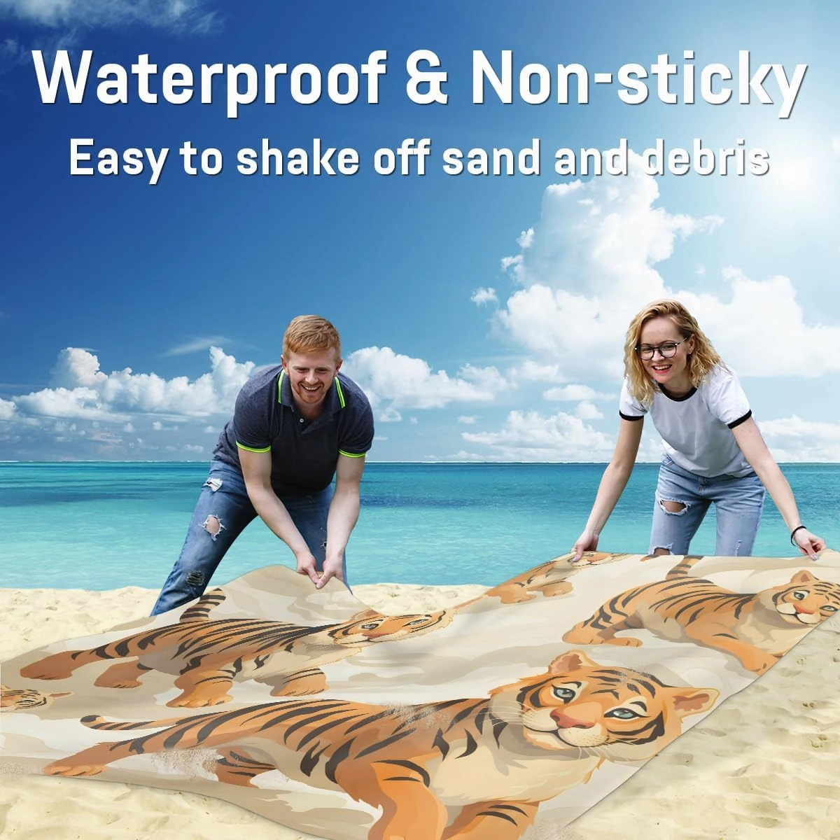 Beach Blanket, Tiger Sandproof Beach Mat, Waterproof Quick Drying Sand Free Mat with 4 x Ground Spikes for Outdoor Travel Camping Hiking, Animal Tiger 68 x 59 in