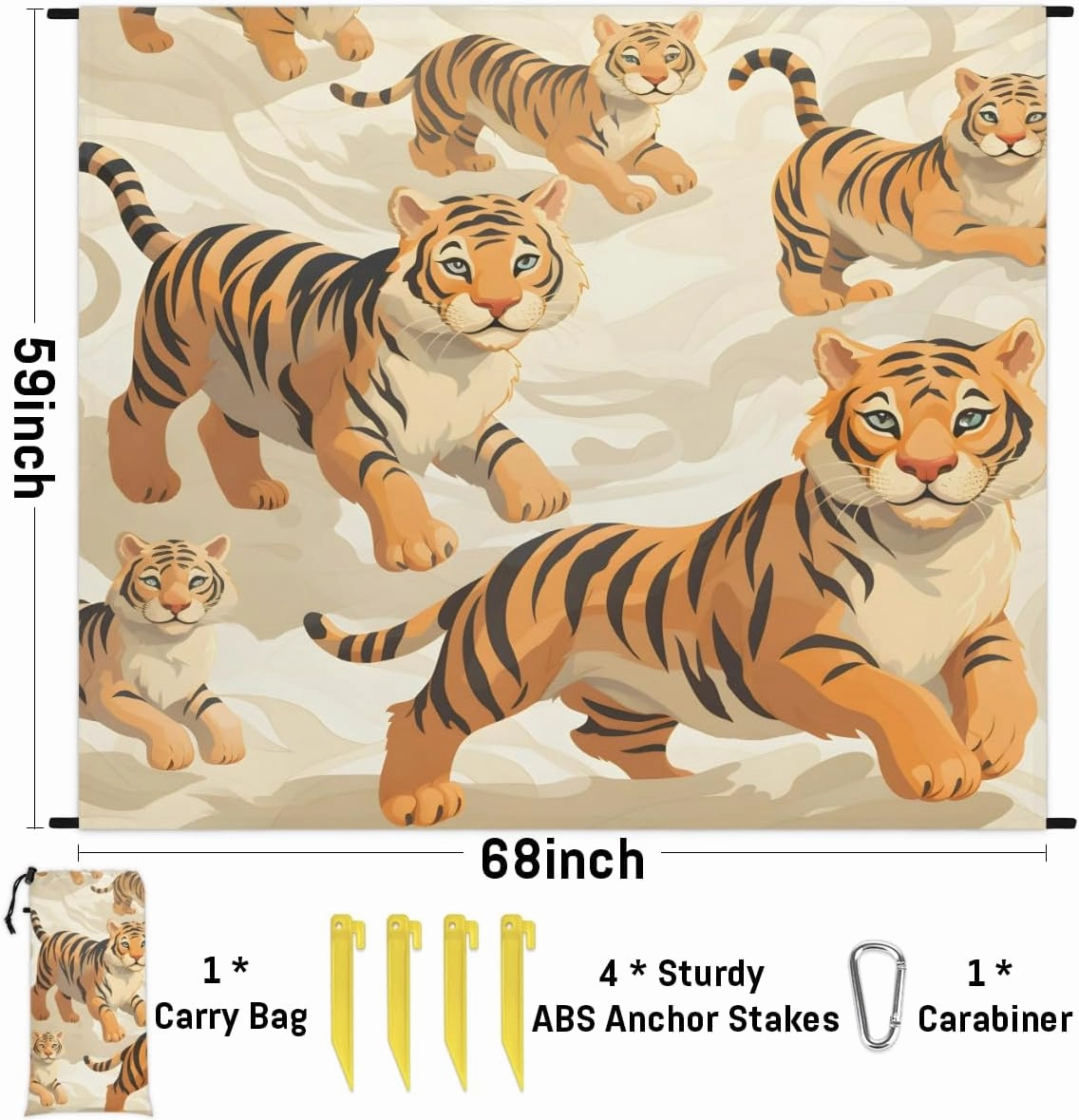 Beach Blanket, Tiger Sandproof Beach Mat, Waterproof Quick Drying Sand Free Mat with 4 x Ground Spikes for Outdoor Travel Camping Hiking, Animal Tiger 68 x 59 in