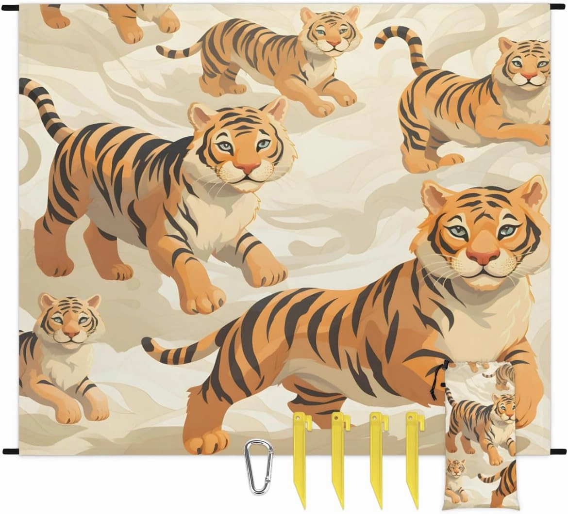 Beach Blanket, Tiger Sandproof Beach Mat, Waterproof Quick Drying Sand Free Mat with 4 x Ground Spikes for Outdoor Travel Camping Hiking, Animal Tiger 68 x 59 in