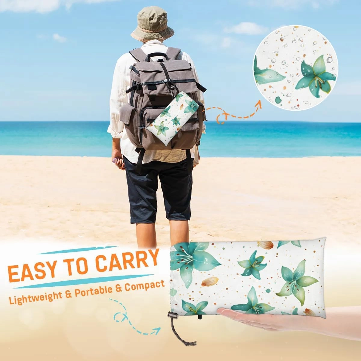 Beach Blanket, Tropical Flower Sandproof Beach Mat, Waterproof Quick Drying Sand Free Mat with 4 x Ground Spikes for Outdoor Travel Camping Hiking, Boho Floral 68 x 59 in