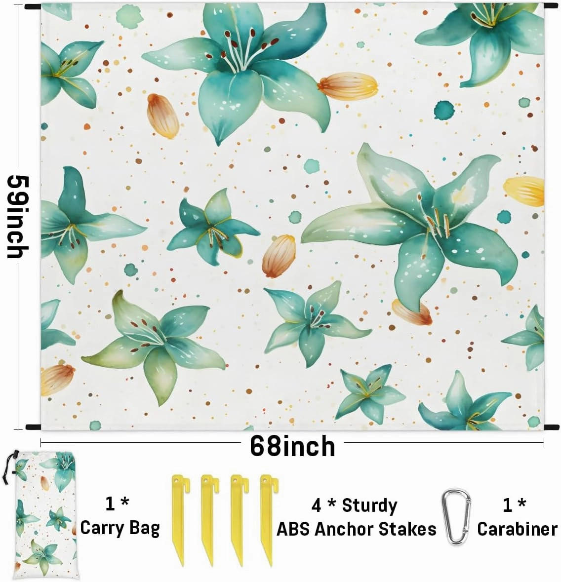 Beach Blanket, Tropical Flower Sandproof Beach Mat, Waterproof Quick Drying Sand Free Mat with 4 x Ground Spikes for Outdoor Travel Camping Hiking, Boho Floral 68 x 59 in