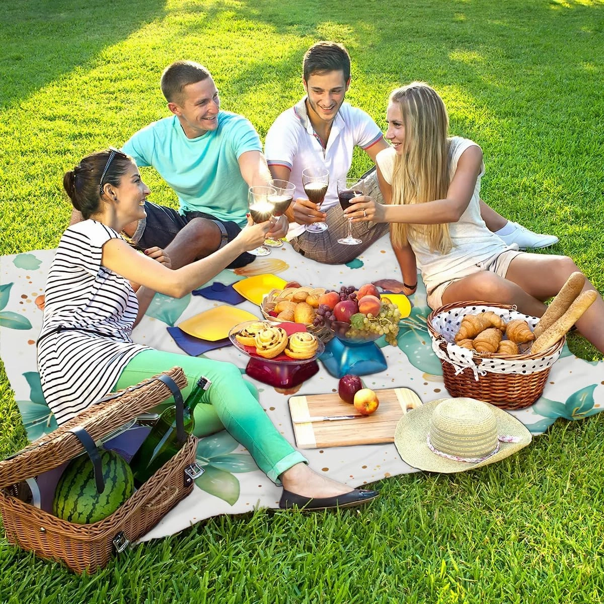 Beach Blanket, Tropical Flower Sandproof Beach Mat, Waterproof Quick Drying Sand Free Mat with 4 x Ground Spikes for Outdoor Travel Camping Hiking, Boho Floral 68 x 59 in