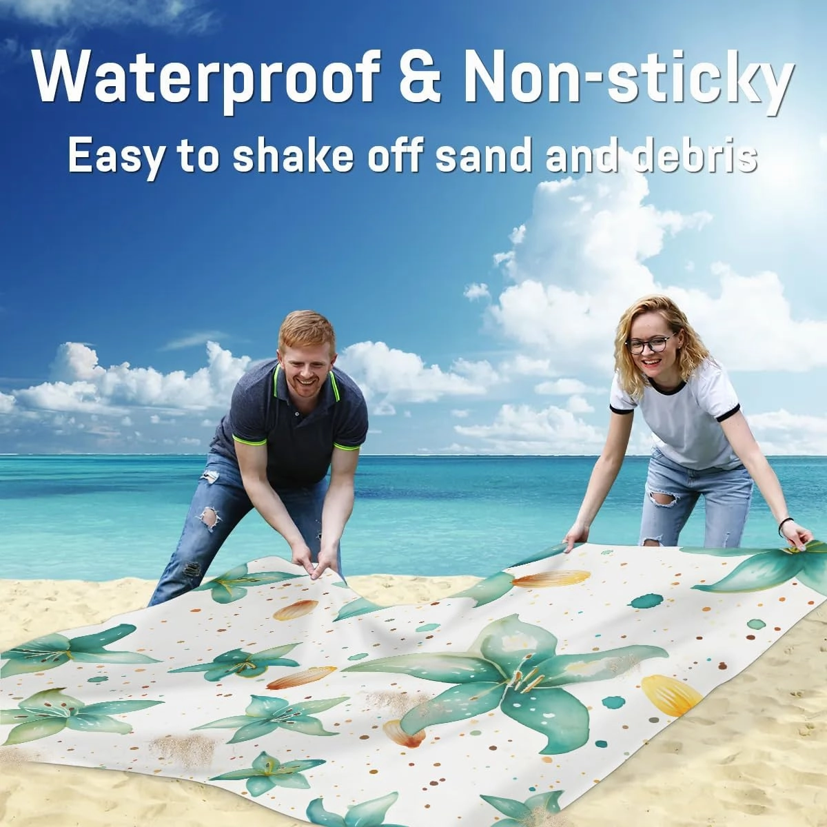 Beach Blanket, Tropical Flower Sandproof Beach Mat, Waterproof Quick Drying Sand Free Mat with 4 x Ground Spikes for Outdoor Travel Camping Hiking, Boho Floral 68 x 59 in