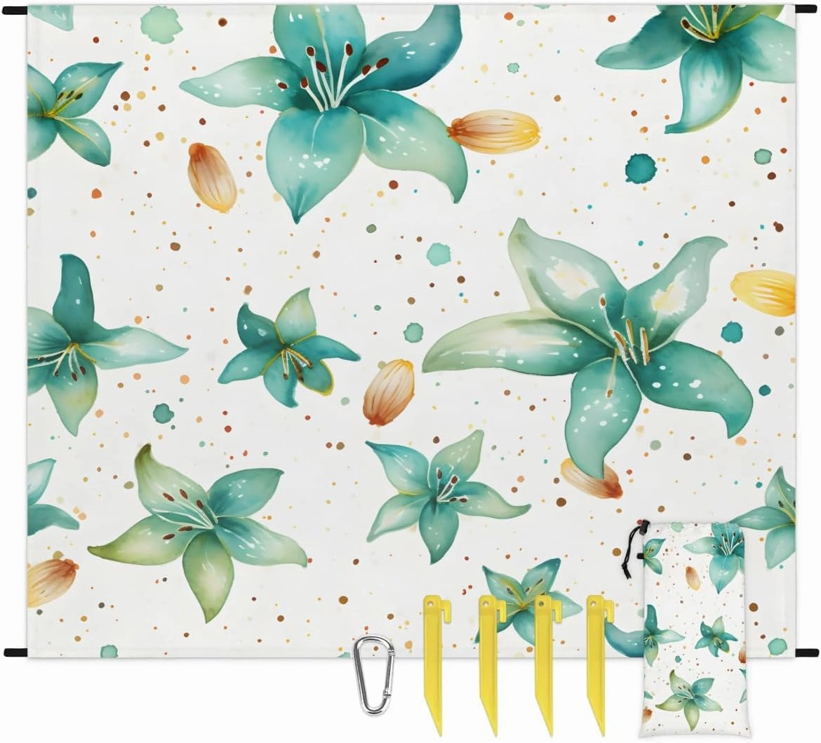Beach Blanket, Tropical Flower Sandproof Beach Mat, Waterproof Quick Drying Sand Free Mat with 4 x Ground Spikes for Outdoor Travel Camping Hiking, Boho Floral 68 x 59 in