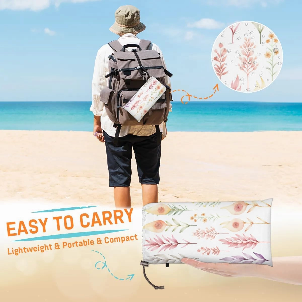 Beach Blanket, Wild Flowers Summer Sandproof Beach Mat, Waterproof Quick Drying Sand Free Mat with 4 x Ground Spikes for Outdoor Travel Camping Hiking, Leaves 68 x 59 in