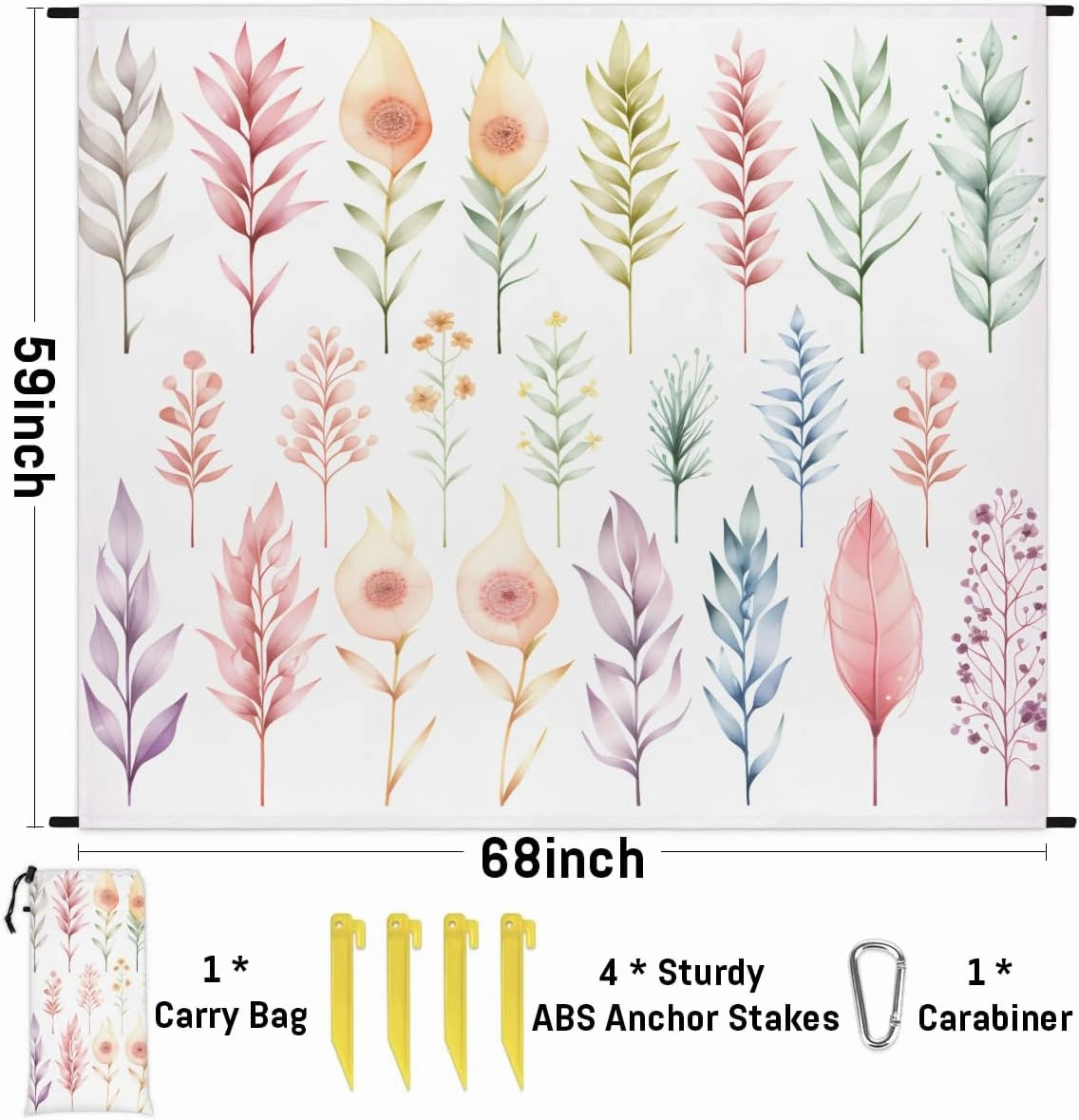 Beach Blanket, Wild Flowers Summer Sandproof Beach Mat, Waterproof Quick Drying Sand Free Mat with 4 x Ground Spikes for Outdoor Travel Camping Hiking, Leaves 68 x 59 in