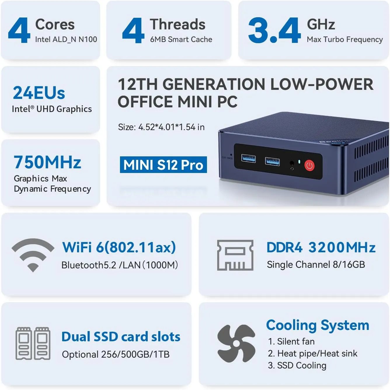 Beelink Mini S12 Pro Mini PC, Intel 12th Gen N100 (4C/4T, up to 3.4GHz), 16GB DDR4, 500GB SSD, Desktop Computer Support Dual HDMI 4K@60Hz, WiFi 6, BT5.2, NAS, Low Power