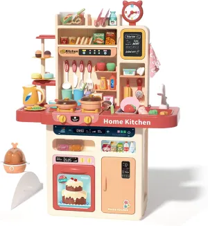 BeibeGood Toddler Play Kitchen- Kitchen Playset Pretend Food - Toy Accessories Set w/Real Sounds & Light, Play Sink, Cooking Stove with Steam,88 PCS 37'', Girls & Boys（1-5 Years）, C-pink