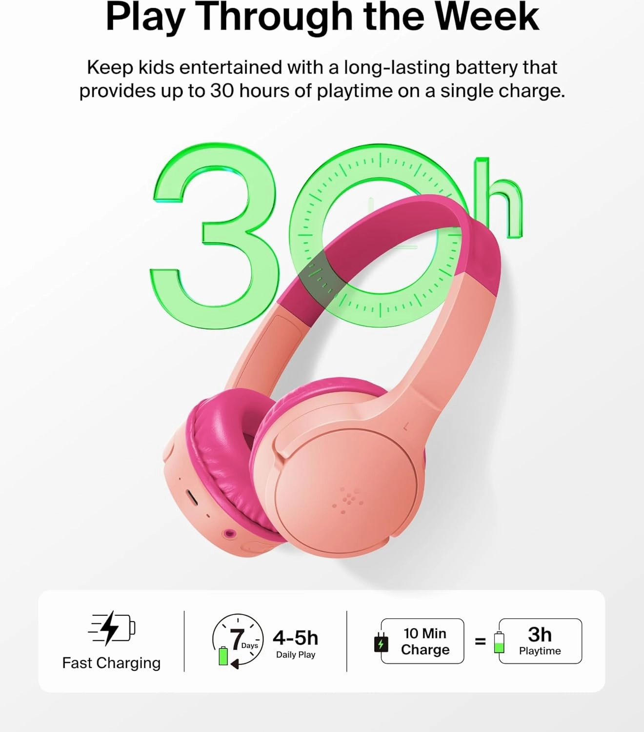 Belkin SoundForm Mini - Wireless Bluetooth Kids Headphones with 30H Battery Life, 85dB Safe Volume Limit, Built-in Microphone - Kids On-Ear Earphones for iPhone, iPad, Fire Tablet & More - Pink